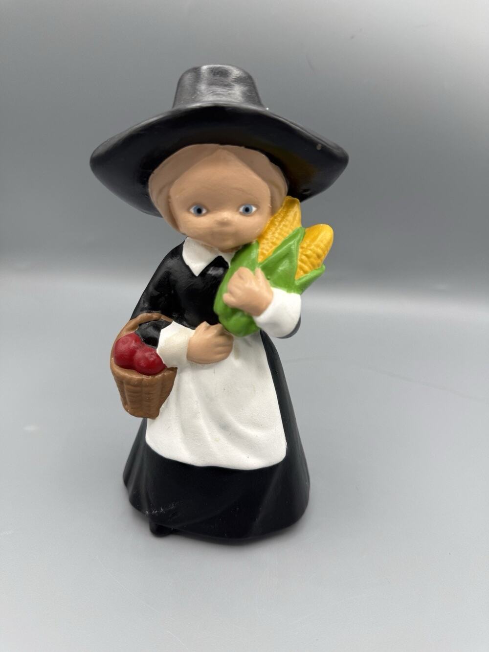 Vintage Pilgrim Woman Figurine Corn Basket Thanksgiving Harvest Decor 6.5”